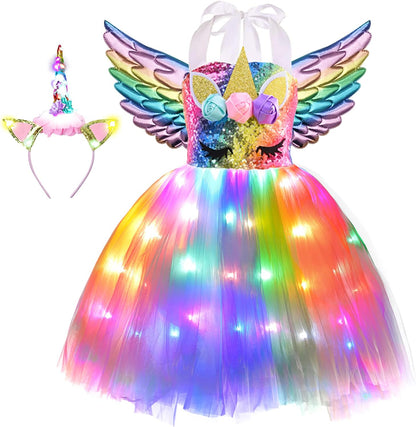 Girls Unicorn Costume LED Light Up Tutu Dress Up Birthday Gifts Princess Dress for Halloween Party