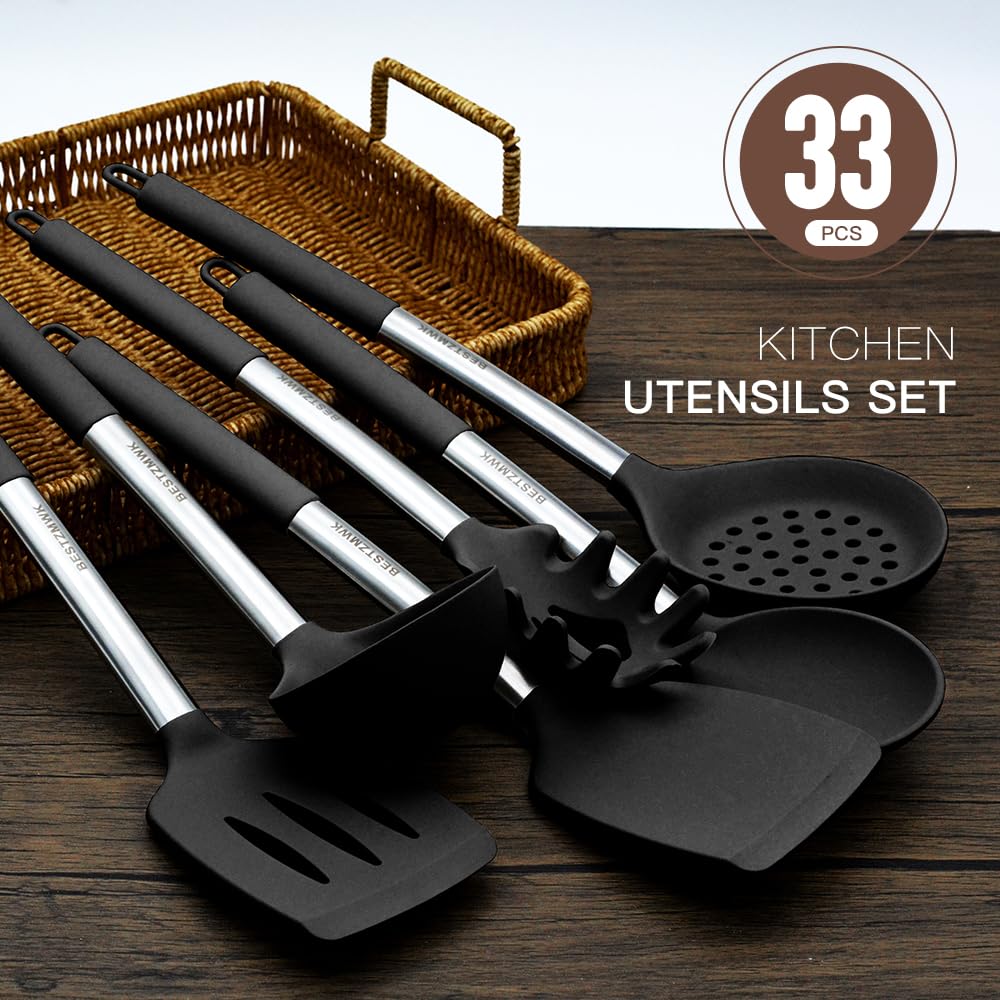 Kitchen Utensils Set-Silicone Cooking Utensils-32 pcs Non-Stick Silicone Cooking Kitchen Utensils Spatula Set with Holder-Best Kitchen Cookware with Stainless Steel Handle (Black)