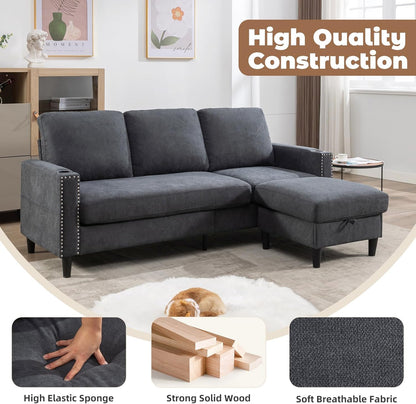 Convertible Sectional Couches for Living Room, L-Shaped Couch 3 Seats Sofas with Storage Chaise & 2 Cup Holders, Small Sofa for Apartment, Compact Spaces, Dark Grey