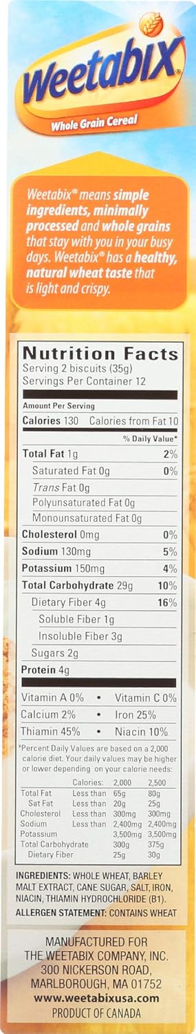 Weetabix Biscuits Whole Grain Cereal, Lightly Sweet Whole Grain Wheat Biscuits, Delicious as Part of Breakfasts or Snacks, 14 OZ Box