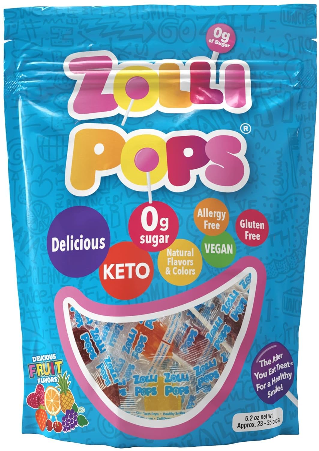 Zollipops Clean Teeth Lollipops, Anti Cavity, Sugar Free Candy for a Healthy Smile Great for Kids, Diabetics and Keto Diet, Natural Fruit Variety, 5.2oz (packaging may vary)