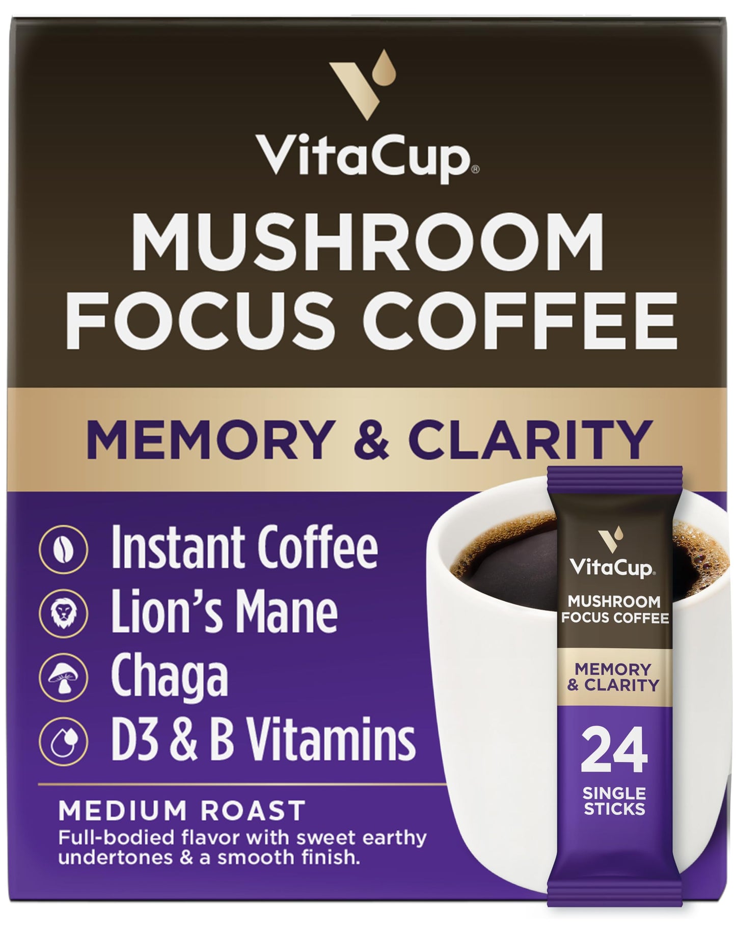 VitaCup Slim Instant Coffee Packets, with Garcinia, Fiber, B Vitamins, Bold & Smooth, Medium Dark Roast, 100% Arabica Coffee in Single Serve Sticks, 24 Ct