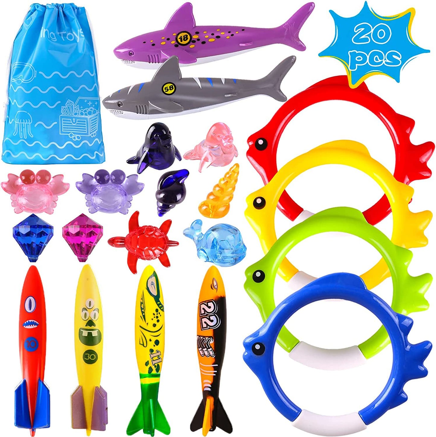 30 Packs Summer Pool Diving Swimming Essentials Toys for Kids, Fun Swim Games Sinking Set, Underwater Dive Gifts with Storage Bag Include Torpedo Gems Shark Rings Sea Animals for Boys Girls Toddlers