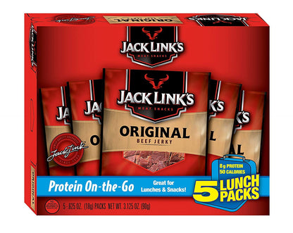 Jack Link's Beef Jerky 5 Count Multipack, Original, 5, 0.625 oz. Bags - Flavorful Meat Snack for Lunches, Ready to Eat - 7g of Protein, Made with 100% Beef - No Added MSG** or Nitrates/Nitrites