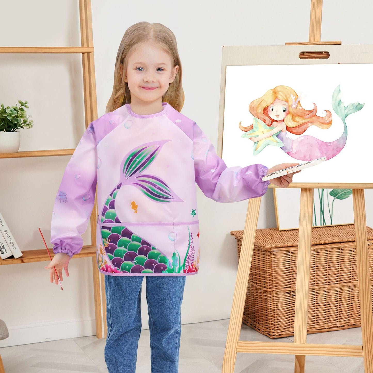 WERNNSAI Kids Art Smock - Kids Painting Aprons for Girls Waterproof Toddler Smock Painting with Long Sleeve 3 Pockets