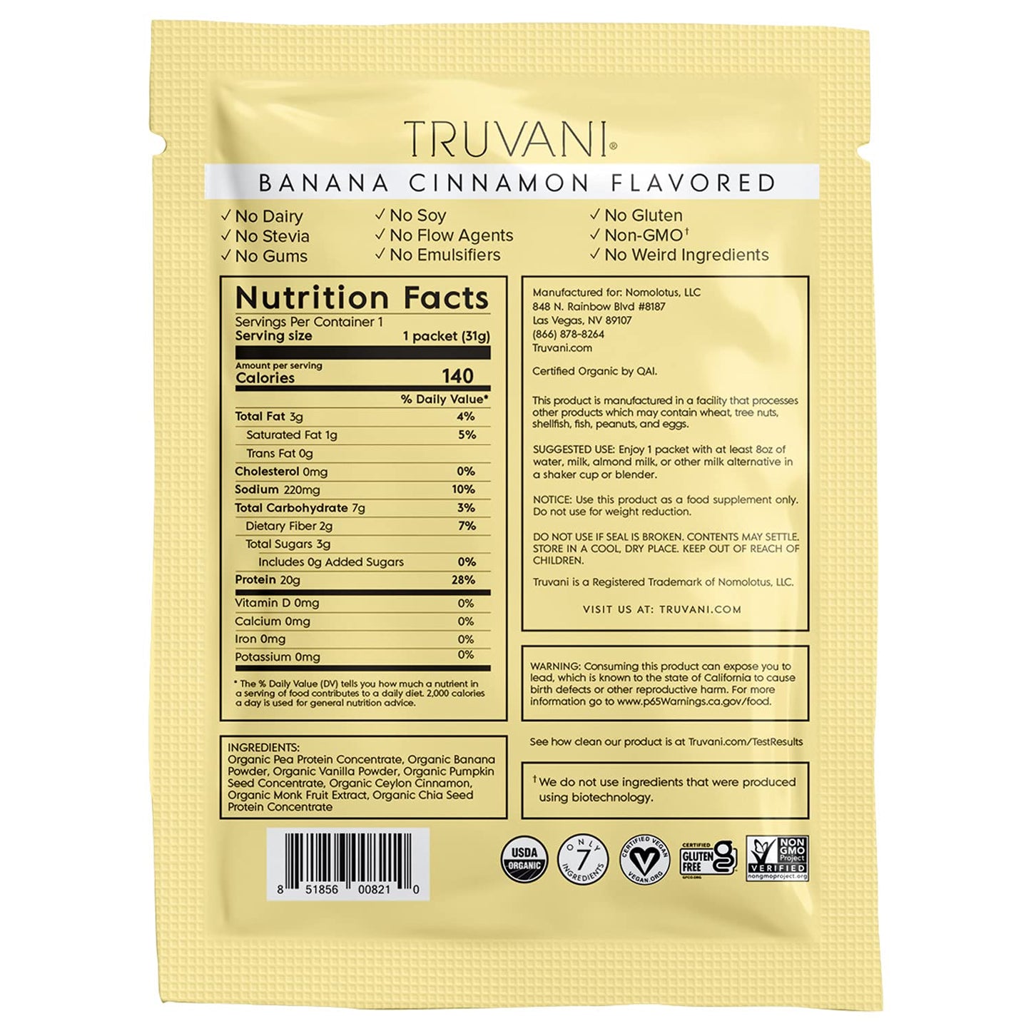 Truvani Vegan Pea Protein Powder | Banana Cinnamon | 20g Organic Plant Based Protein | 1 Serving | Keto | Gluten & Dairy Free | Low Carb | No Added Sugar