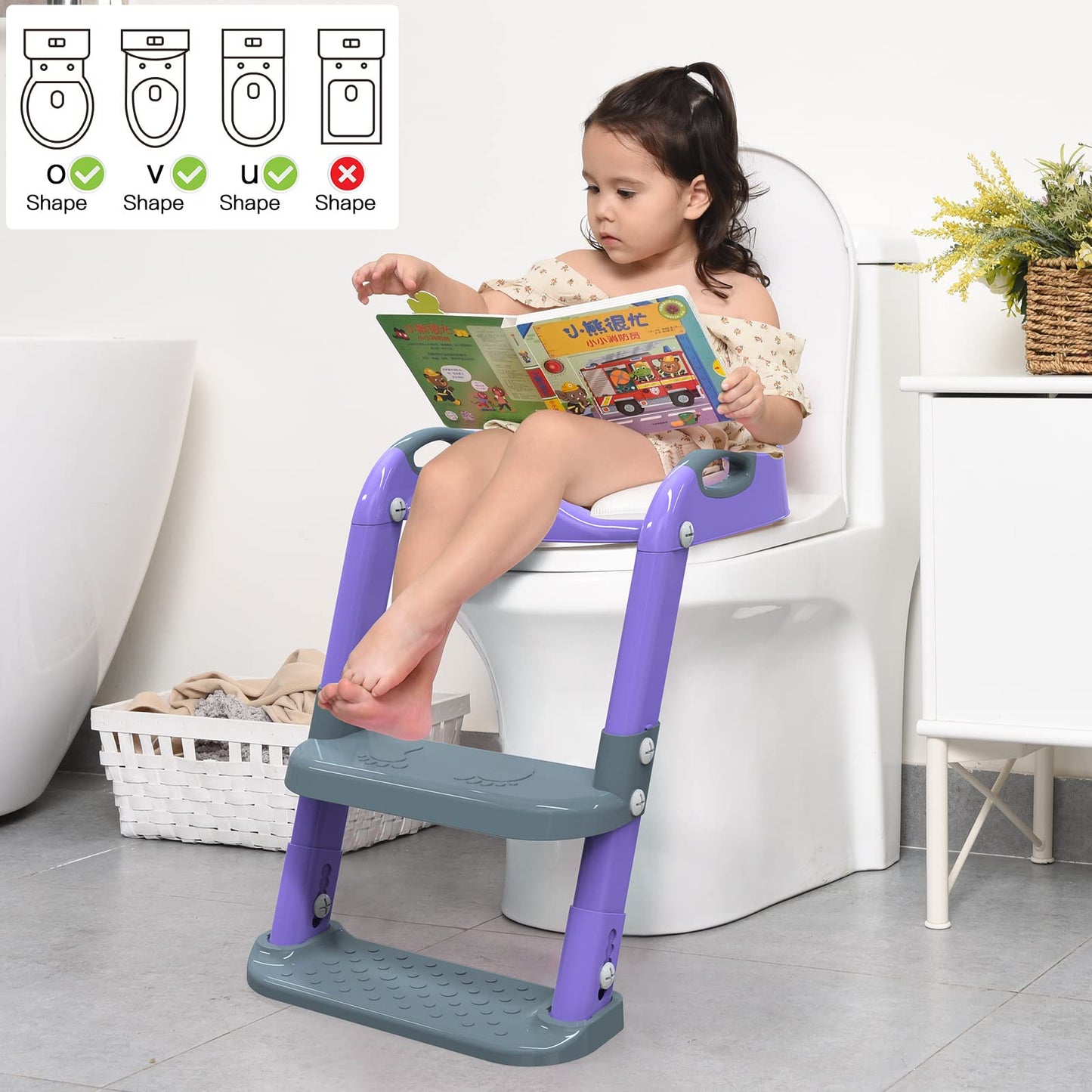 Toilet Potty Training Seat with Step Stool Ladder,SKYROKU Training Toilet for Kids Boys Girls Toddlers-Comfortable Safe Potty Seat with Anti-Slip Pads Ladder (Grey)