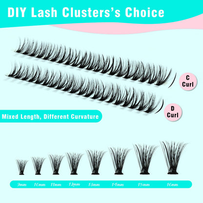 VAVALASH DIY Lash Extension Kit 280 Clusters Individual Lashes Kit 30D 40D 0.07D-10-16mm Lash Clusters, Lash Bond and Seal, Lash Tweezer for DIY Eyelash Extension at Home（Kit-30D+40D-0.07D-10-16MIX）