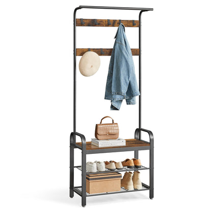 VASAGLE Coat Rack, Hall Tree with Shoe Bench for Entryway, Entryway Bench with Coat Rack, 4-in-1, with 9 Removable Hooks, a Hanging Rod, 13.3 x 28.3 x 72.1 Inches, Honey Brown and Black UHSR040B05