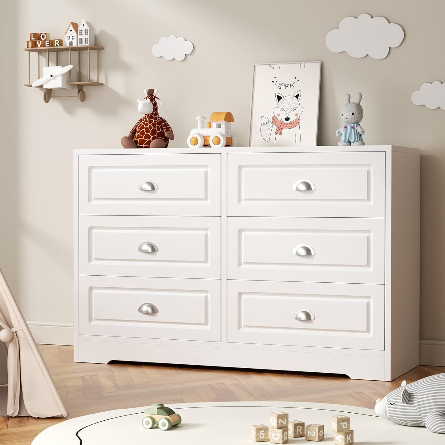 Shintenchi Dresser for Bedroom with 6 Drawers, White Double Dresser & Chest of Drawers Wooden Organizer with Metal Handle, Storage TV Stand for Living Room