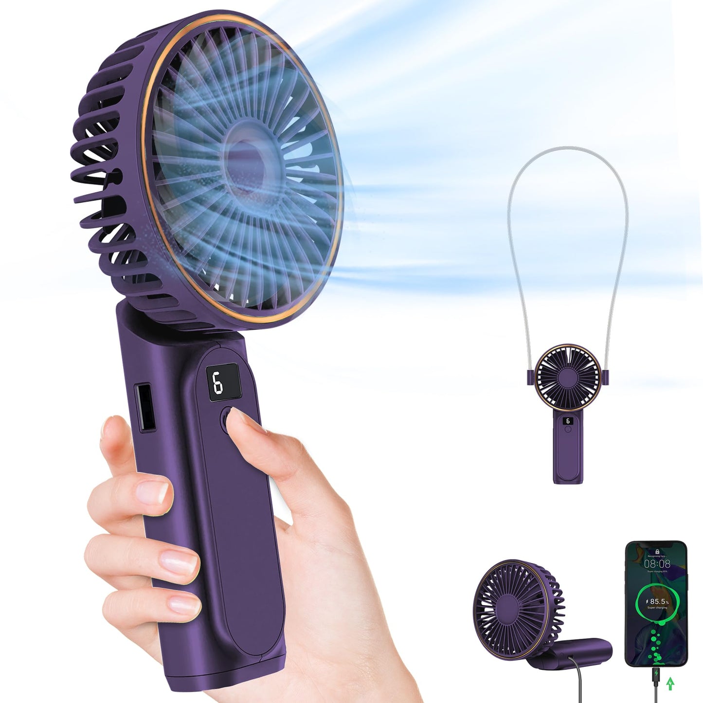 TUNISE Portable Handheld Fan, Portable Fan Rechargeable, 4000mAh, 180° Adjustable, 6 Speed Wind, Display Electricity in Real Time, USB Rechargeable Foldable Fan, Quiet Personal Fan as the Power Bank