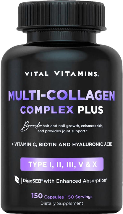 Vital Vitamins Collagen for Women & Men - Type I, II, III, V, X Multi Collagen Pills - Grass Fed, Non-GMO - 150 Capsules