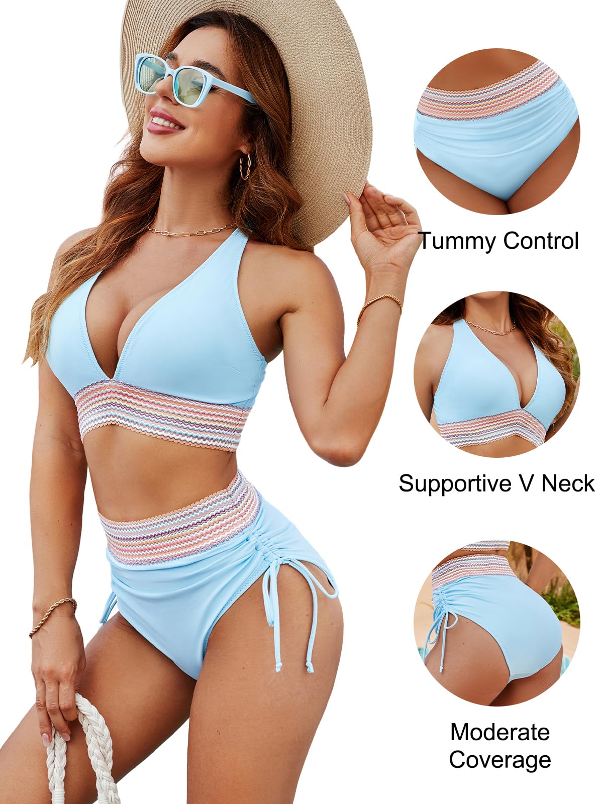 Blooming Jelly Women High Waisted Bikini Sets Tummy Control Swimsuits Color Block Two Piece Drawstring Bathing Suit