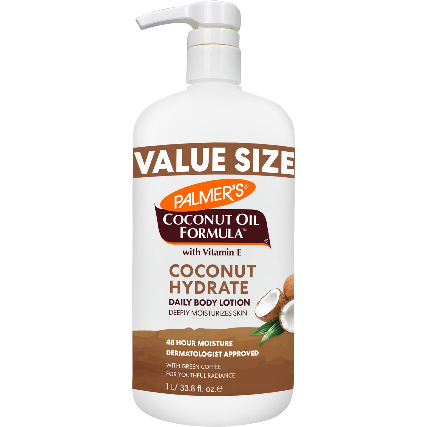 Palmer's Coconut Oil Formula Body Lotion for Dry Skin, Hand & Body Moisturizer with Green Coffee Extract & Vitamin E, Value Size Pump Bottle, 33.8 Fl Oz (Pack of 1)