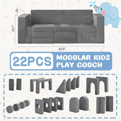 22Pcs Modular Kids Play Couch, Floor Sofa for Children, 1000+DIY Creativing Playroom Furniture for Toddlers， Convertible Foam and Floor Cushion for Boys and Girls