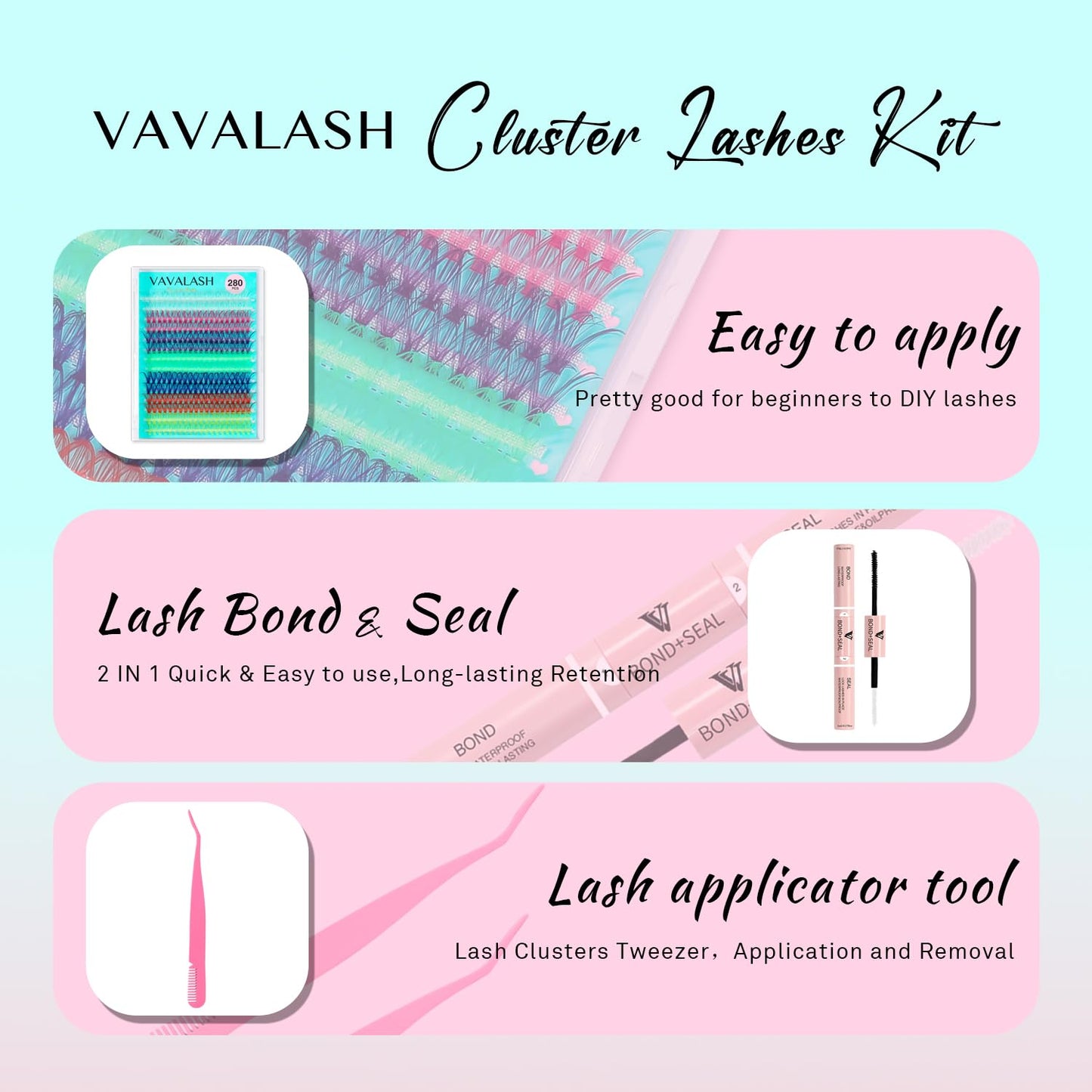 VAVALASH DIY Lash Extension Kit 280 Clusters Individual Lashes Kit 30D 40D 0.07D-10-16mm Lash Clusters, Lash Bond and Seal, Lash Tweezer for DIY Eyelash Extension at Home（Kit-30D+40D-0.07D-10-16MIX）