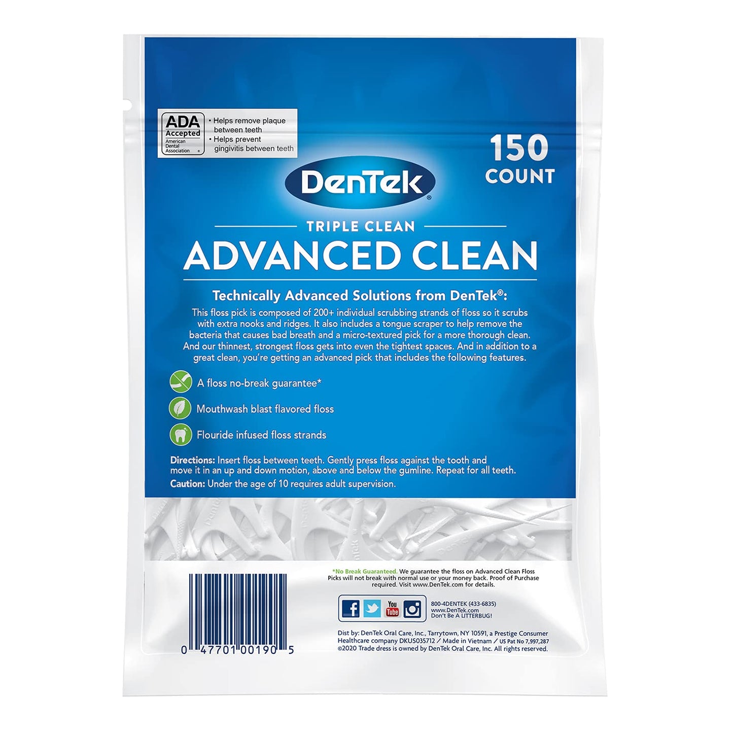 DenTek Triple Clean Advanced Clean Floss Picks, No Break & No Shred Floss, 150 Count, (Packaging May Vary)