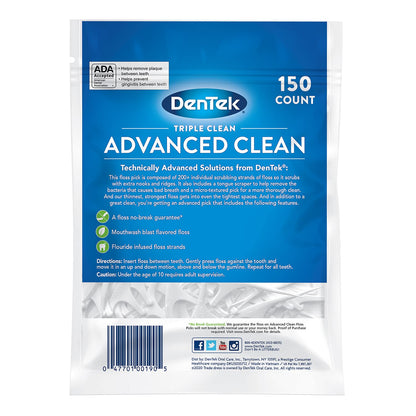 DenTek Triple Clean Advanced Clean Floss Picks, No Break & No Shred Floss, 150 Count, (Packaging May Vary)