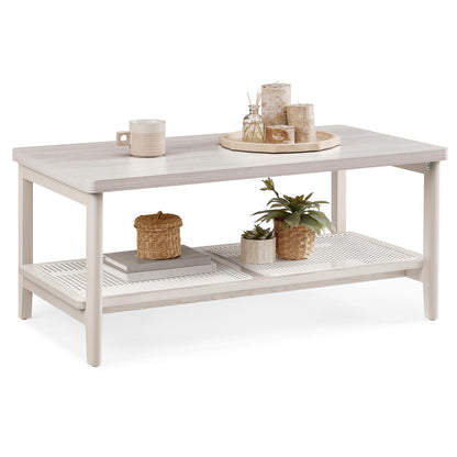 VASAGLE 2-Tier Coffee Table for Living Room, Living Room Table Rectangular Center Table, with PVC Rattan Storage Shelf, Rounded Corners, Easy Assembly, Boho Style, Oatmeal Beige ULCT240K66