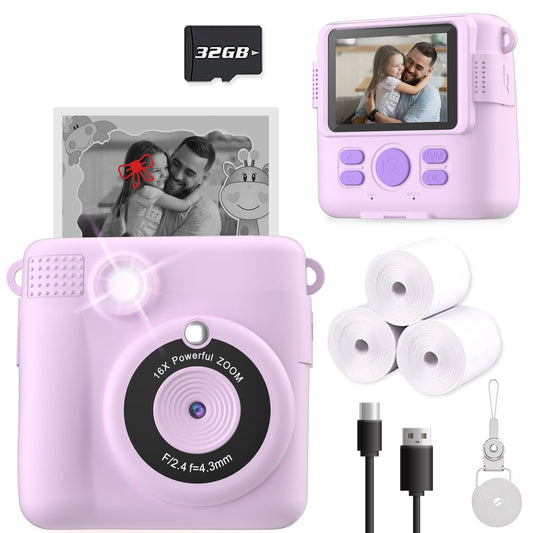 Instant Print Camera for Kids, Christmas Birthday Gifts for Girls Boys, HD Digital Video Cameras for Toddler, Portable Toy for 4 5 6 7 8 9 10 Year Old Girl with 32GB SD Card-Purple