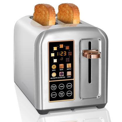 SEEDEEM Toaster 2 Slice, Stainless Toaster LCD Display&Touch Buttons, 50% Faster Heating Speed, 6 Bread Selection, 7 Shade Setting, 1.5''Wide Slot, Removable Crumb Tray, 1350W, Dark Metallic