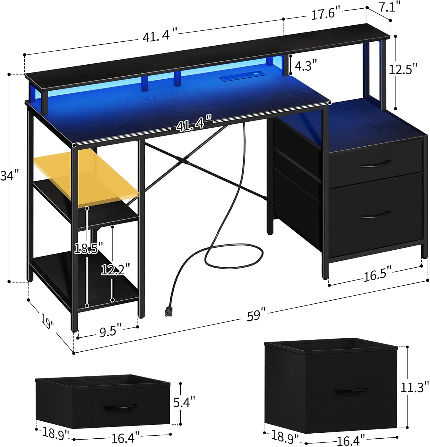 Yoobure Computer Desk, Gaming Desk with LED Lights & Outlets, 59" Office Desk with Drawers Long Home Office Desks with Fabric File Cabinets, Work Desk with Storage Shelves & Monitor Stand for Bedroom