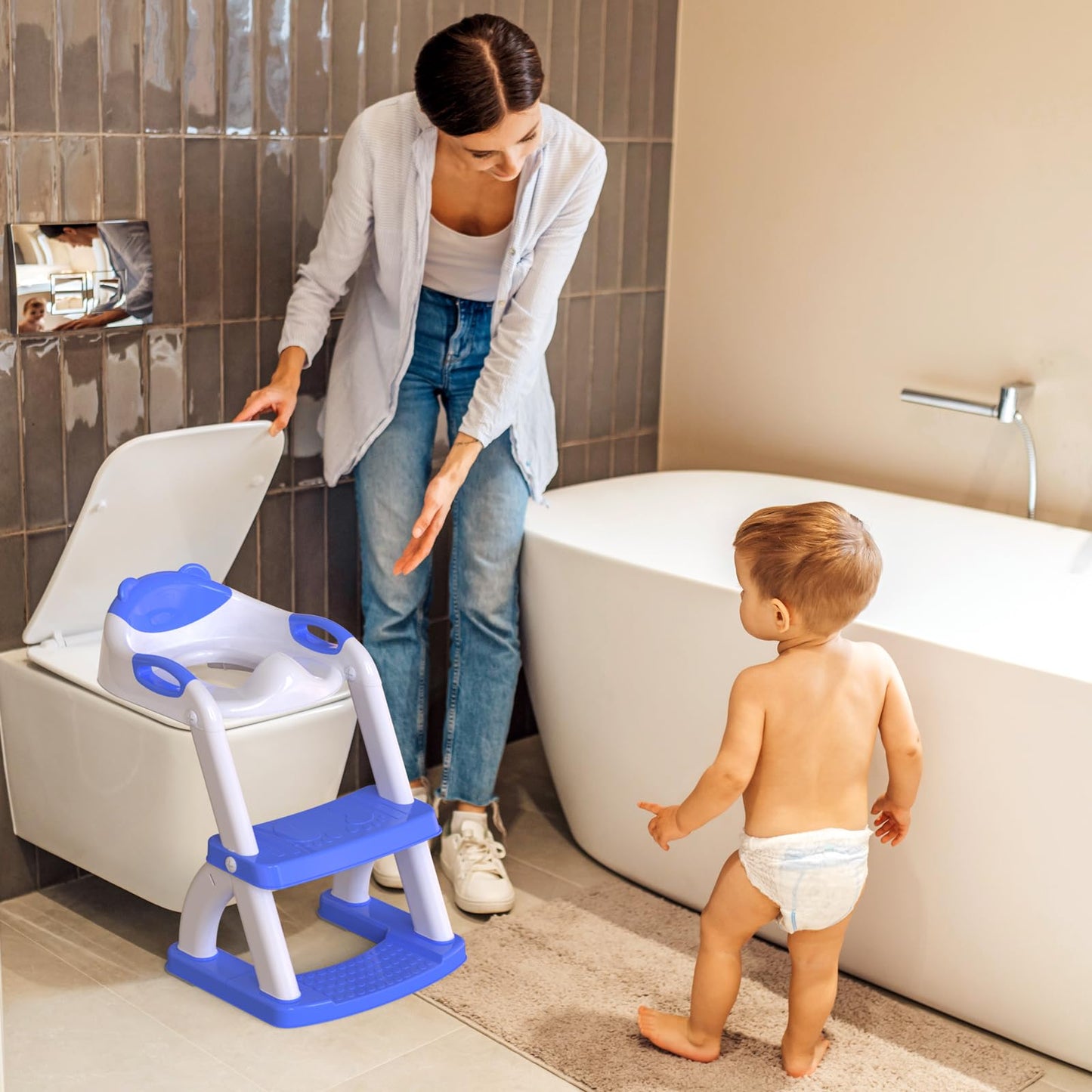 Toilet Potty Training Seat with Step Stool Ladder,SKYROKU Training Toilet for Kids Boys Girls Toddlers-Comfortable Safe Potty Seat with Anti-Slip Pads Ladder (Grey)