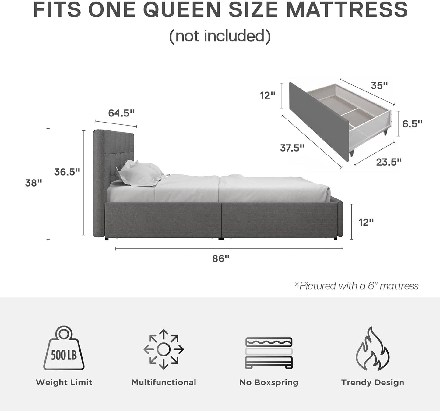 DHP Rose Upholstered Platform Bed with Underbed Storage Drawers and Button Tufted Headboard and Footboard, No Box Spring Needed, Queen, Gray Linen