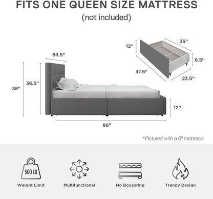 DHP Rose Upholstered Platform Bed with Underbed Storage Drawers and Button Tufted Headboard and Footboard, No Box Spring Needed, Queen, Gray Linen