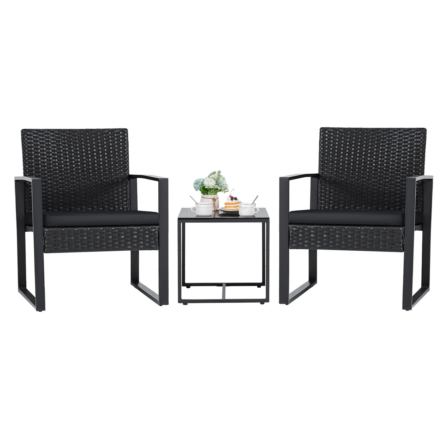 Flamaker 3 Pieces Patio Set Outdoor Wicker Furniture Sets Modern Rattan Chair Conversation Sets with Coffee Table for Yard and Bistro (Black)