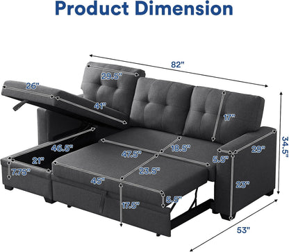 Rovibek 4-in-1 Convertible L Shaped Couch with Pull Out Bed and Storage, Sectional Sleeper Sofa with Reversible Chaise for Living Room, Apartment, Bedroom, Office