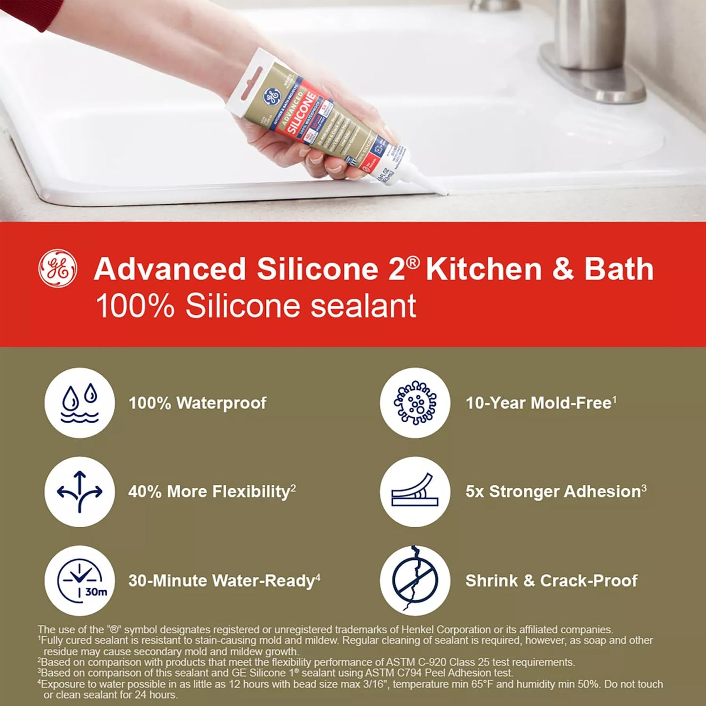 GE Advanced Silicone Caulk for Kitchen & Bathroom - 100% Waterproof Silicone Sealant, 5X Stronger Adhesion, Shrink & Crack Proof - 2.8 fl oz Tube, White, 1 Pack