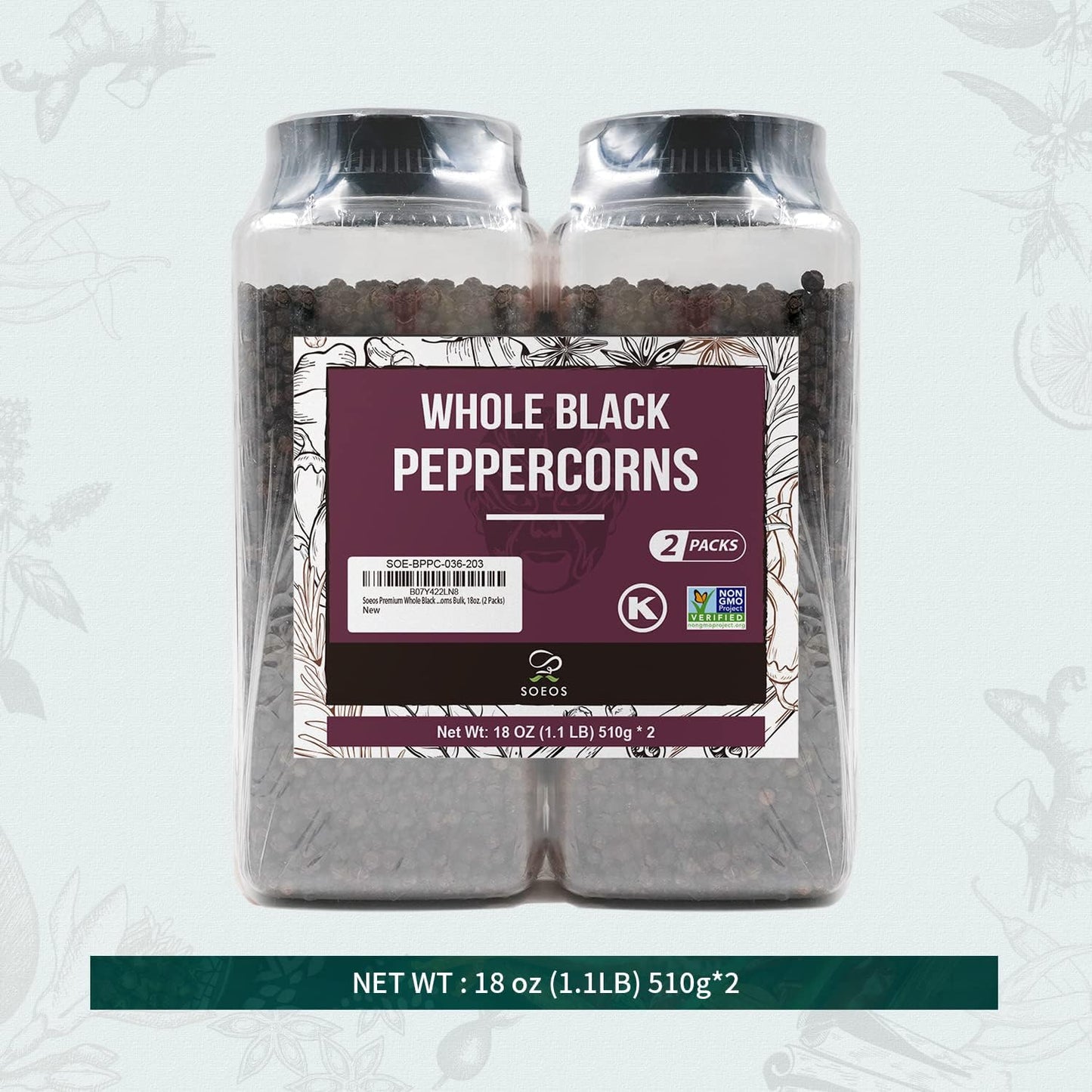 Soeos Black Peppercorns, 16oz (Pack of 1), Non-GMO, Kosher, Packed to Keep Peppers Fresh, Peppercorn for Grinder Refill, Whole Peppercorns