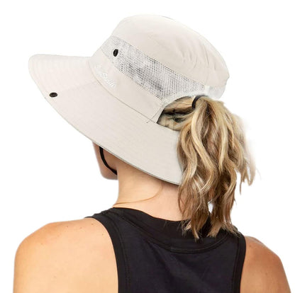 Women's Outdoor UV-Protection-Foldable Sun-Hats Mesh Wide-Brim Beach Fishing Hat with Ponytail-Hole