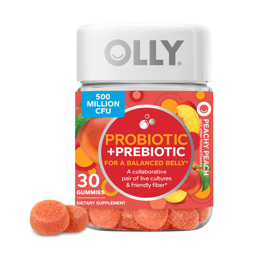 OLLY Probiotic + Prebiotic Gummy, Digestive Support and Gut Health, 500 Million CFUs, Fiber, Adult Chewable Supplement for Men and Women, Peach, 30 Day Supply - 30 Count