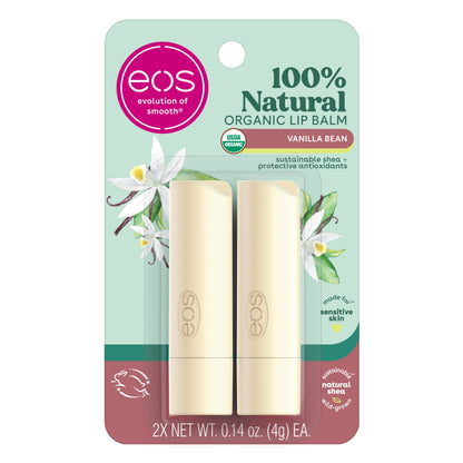 eos 100% Natural & Organic Lip Balm Sticks- Vanilla Bean, All-Day Moisture, Dermatologist Recommended, 0.14 oz, 2-Pack