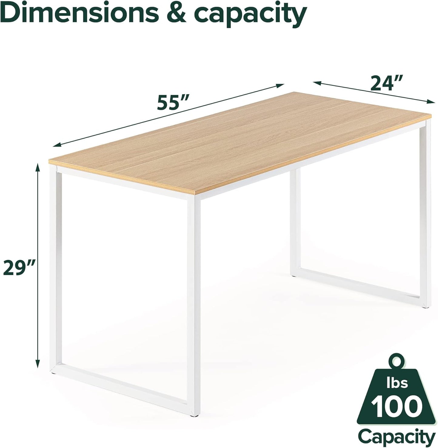 ZINUS Jennifer 55 Inch White Frame Desk, Computer Workstation, Office Desk, Dining Table, Easy Assembly, Natural