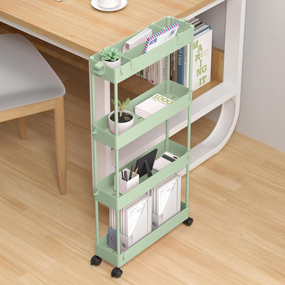 SPACELEAD Slim Storage Cart 4 Tier, Storage Organizer Rolling Utility/Mobile Shelving Unit Slide Out Storage Cart for Office, Bathroom, Kitchen, Laundry Room & Narrow Places， Green