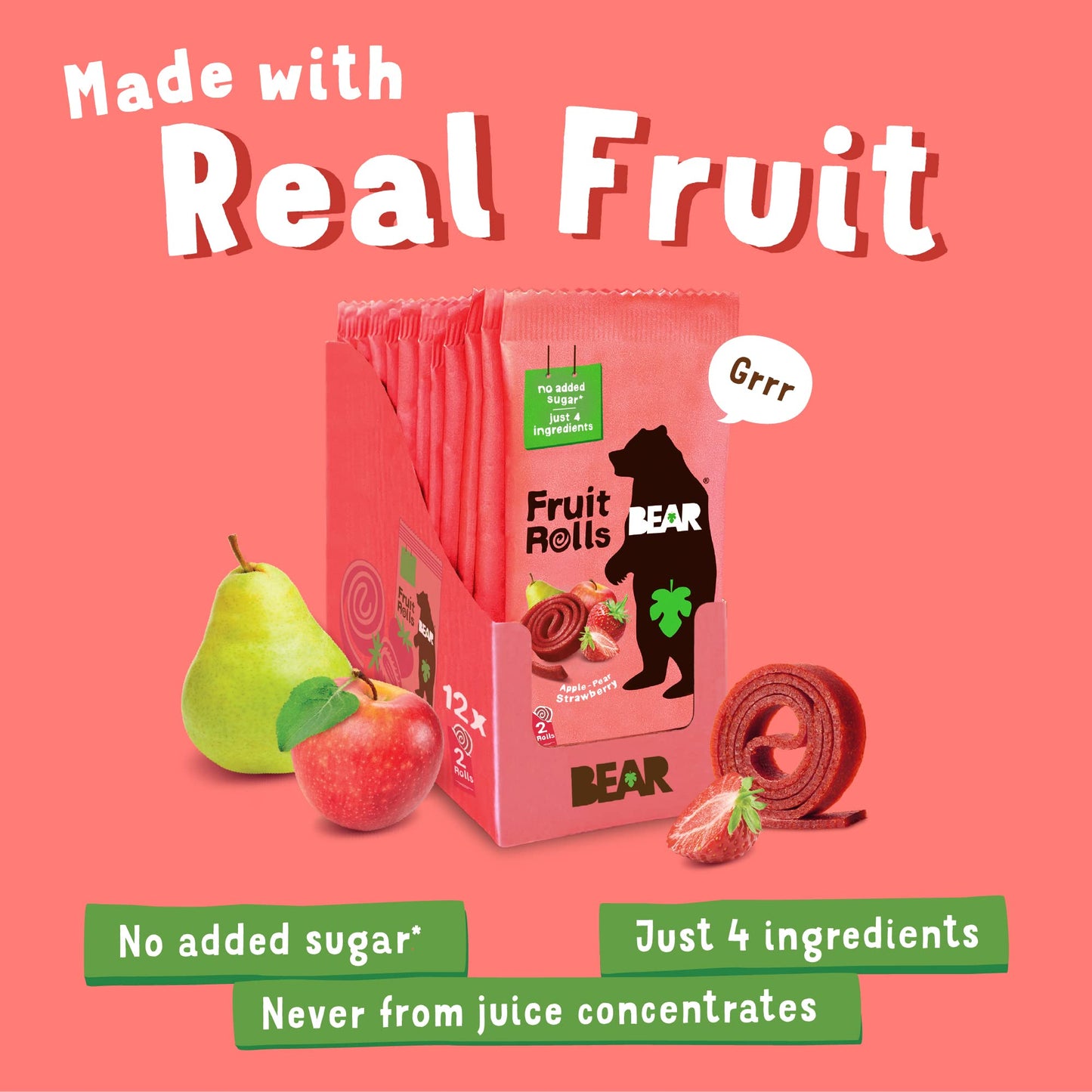 BEAR Real Fruit Snack Rolls - Gluten Free, Vegan, and Non-GMO - Strawberry – Healthy School And Lunch Snacks For Kids And Adults, 0.7 Ounce (Pack of 18)