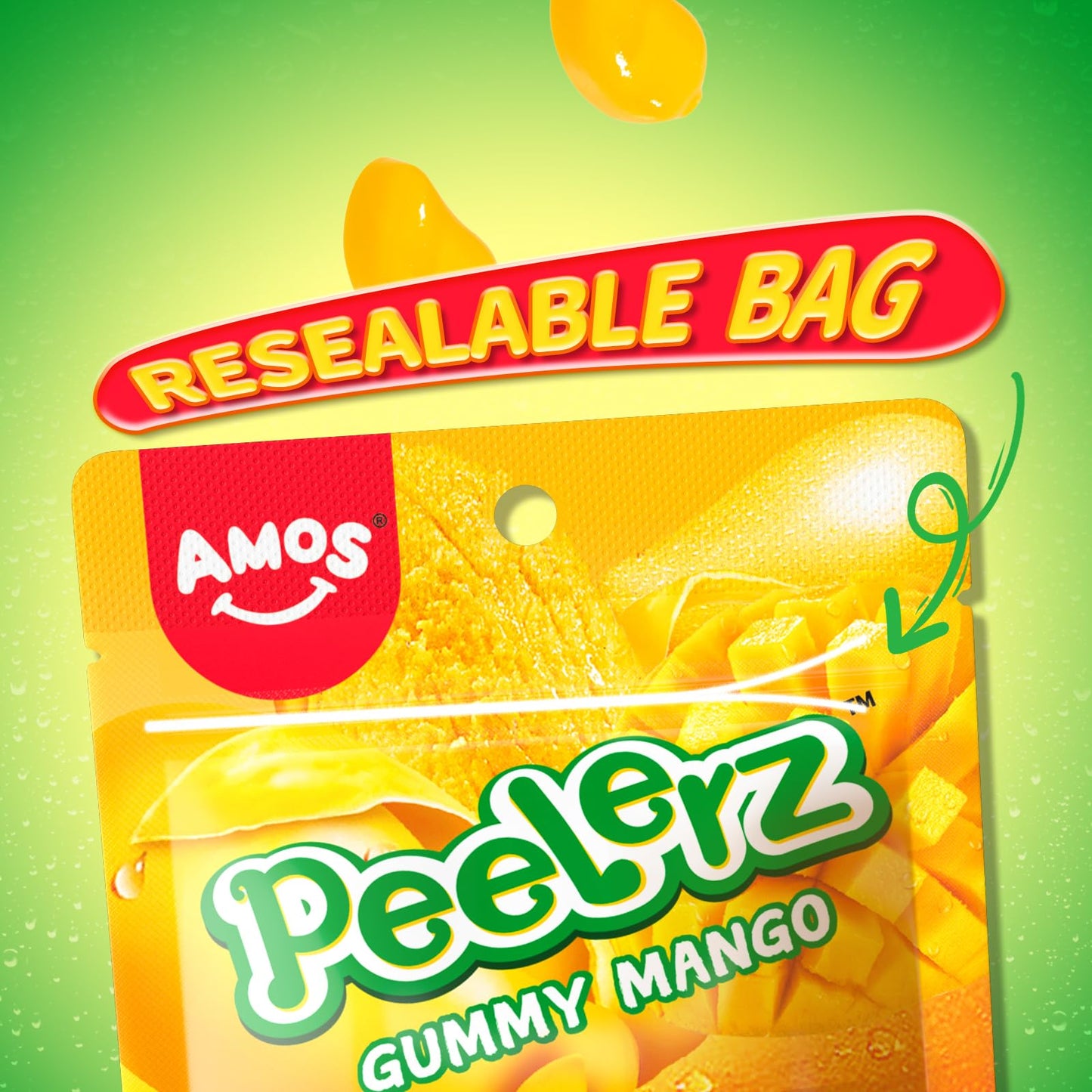 Amos Peelable Mango Candy, Peelerz Gummy Mango Peeling Candy,Resealable 2.19oz Bag (Pack of 3)