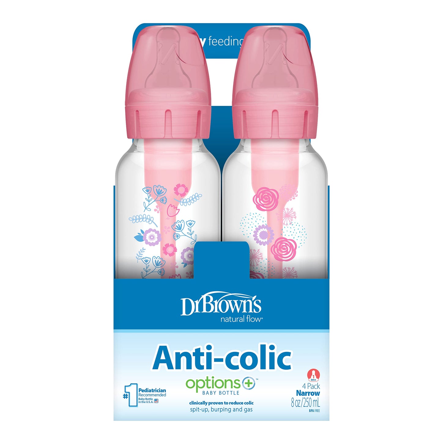 Dr. Brown's Natural Flow Anti-Colic Options+ Narrow Baby Bottle, 8 oz/250 mL, with Level 1 Slow Flow Nipple, 0m+, 4 count