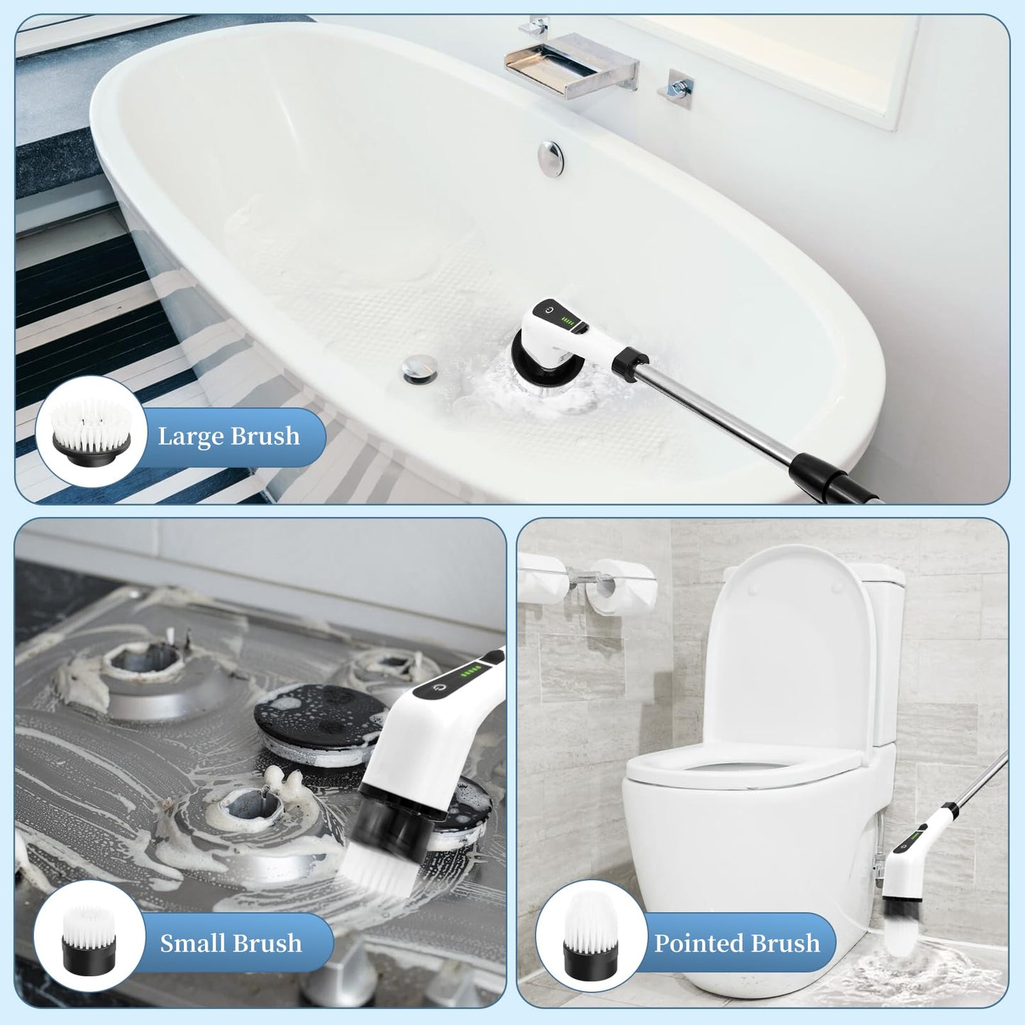 Cordless Electric Spin Scrubber, 380 RPM 30KG Non-Stalling 2 Speeds Power Bathroom Shower Cleaner, Ultra 3H Work Time Spin Cleaning Brush Supplies, 7 Heads for Bathtub Tile Floor Car Toilet