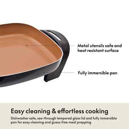 BELLA Electric Skillet and Frying Pan with Glass Lid, Nonstick Coating, Cool Touch Handles, Removable Heating Probe, Dishwasher Safe, 12 x 12 inch, Copper