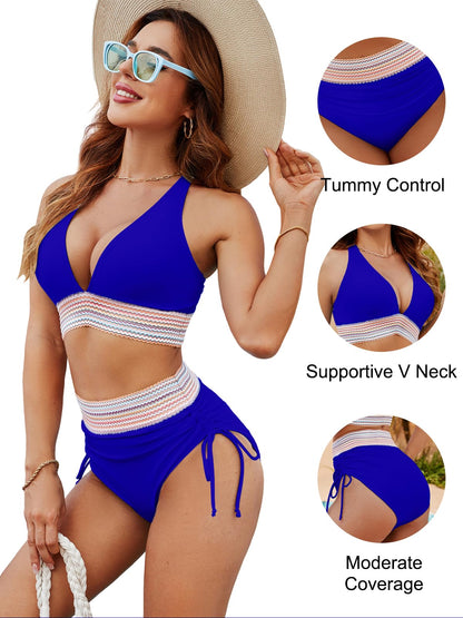 Blooming Jelly Women High Waisted Bikini Sets Tummy Control Swimsuits Color Block Two Piece Drawstring Bathing Suit