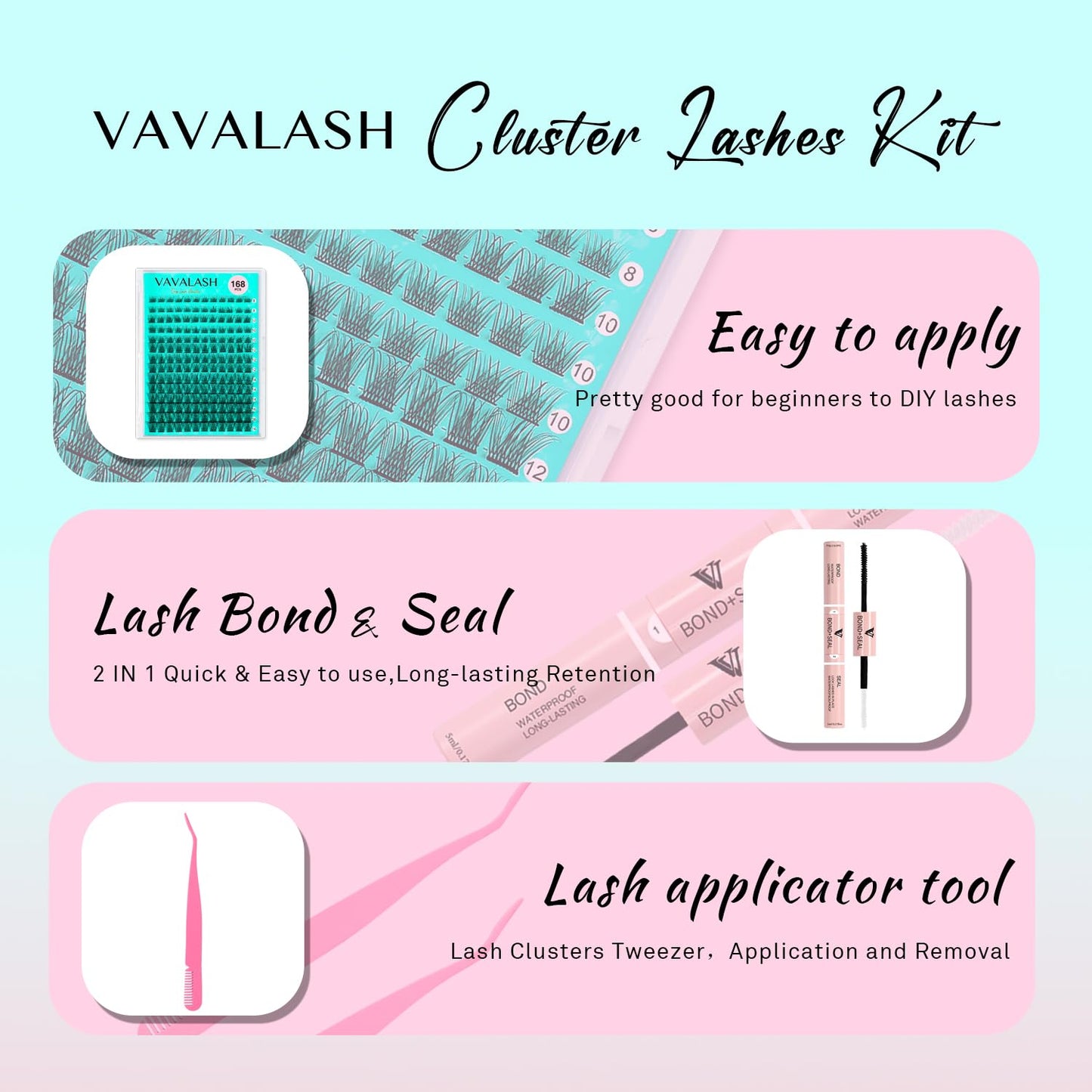 VAVALASH DIY Lash Extension Kit 280 Clusters Individual Lashes Kit 30D 40D 0.07D-10-16mm Lash Clusters, Lash Bond and Seal, Lash Tweezer for DIY Eyelash Extension at Home（Kit-30D+40D-0.07D-10-16MIX）