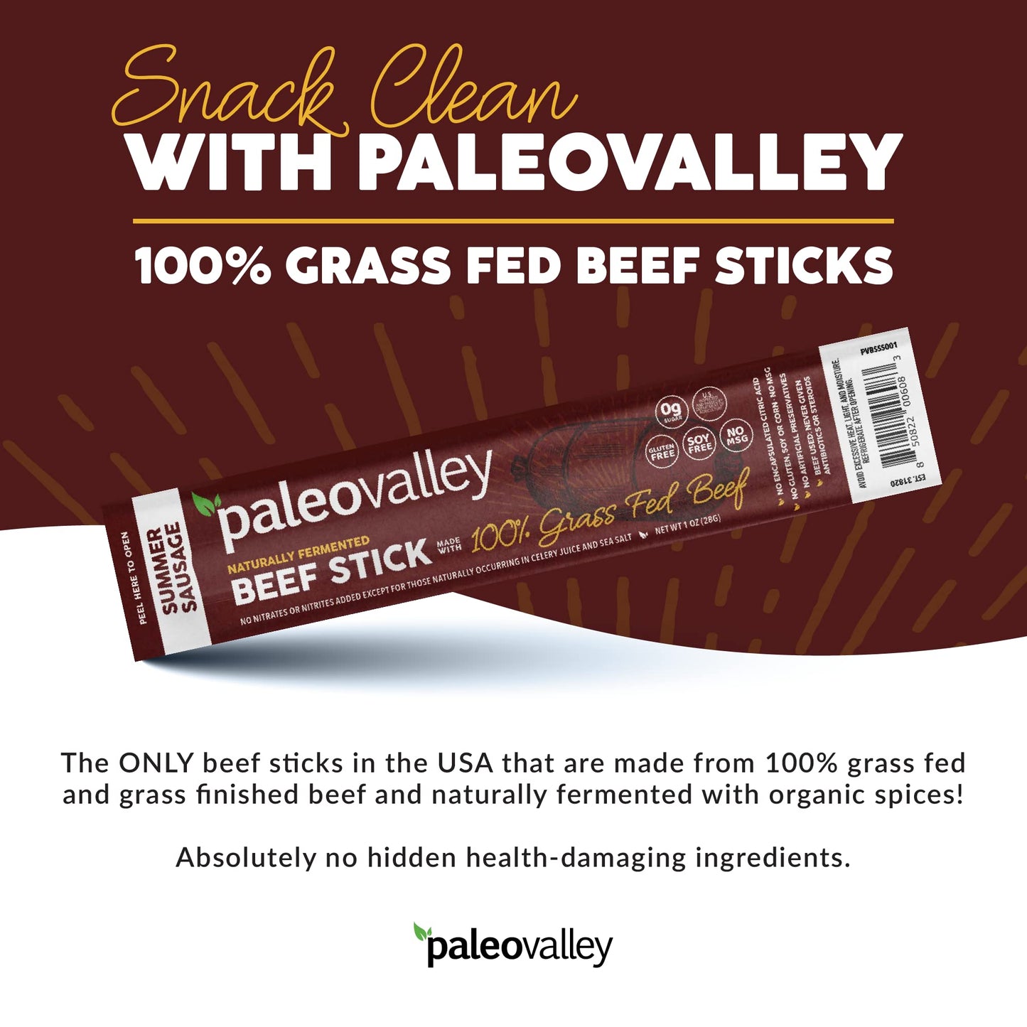 Paleovalley 100% Grass Fed Original Beef Sticks - Delicious Gluten Free Beef Snack - High Protein Keto Friendly