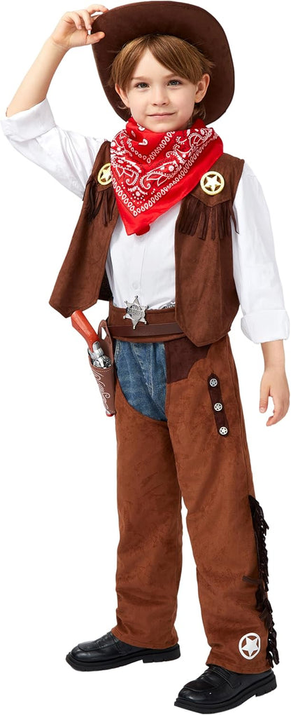 Spooktacular Creations Halloween Cowboy Costume for Boys, Kids Cowboy Costume Set, Brown Western Style Cowboy Outfit with Cowboy Hat for Toddler Dress-up, RolePlay Party (Small (5-7 YRS))