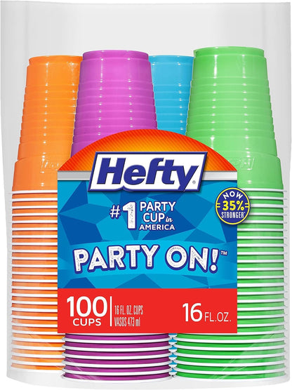 Hefty Party On Disposable Plastic Cups, Assorted, 16 Ounce, 100 Count