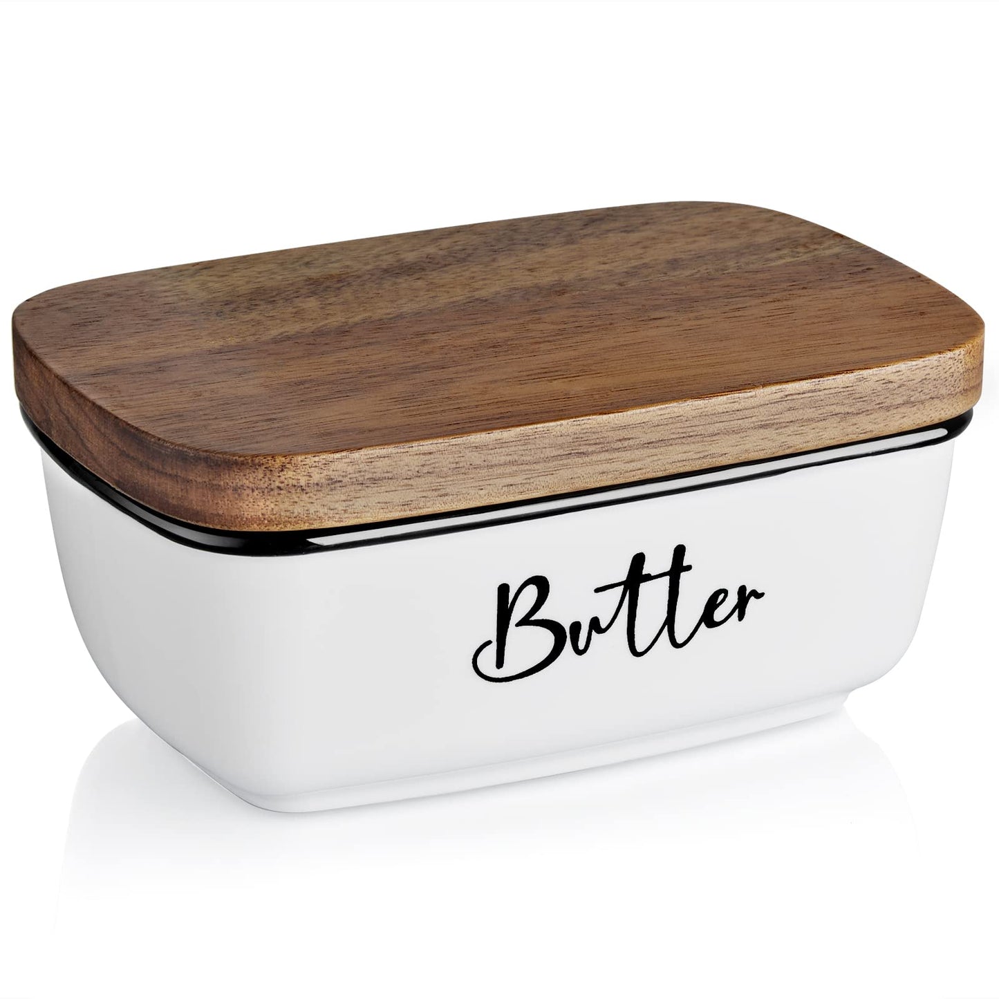 ALELION Pink Butter Dish with Lid for Countertop - Ceramic Farmhouse Butter Keeper Container with Thick Beech Wood Lid - Pink Kitchen Home Decor and Accessories for Kitchen Gifts