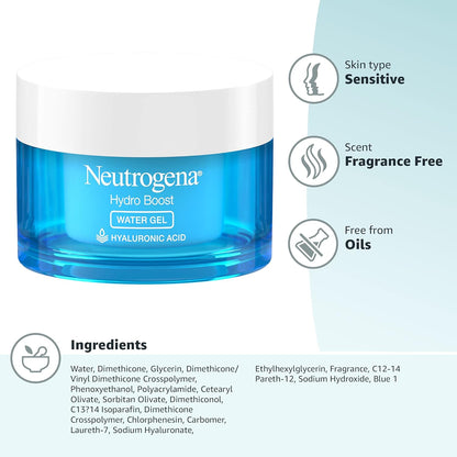 Neutrogena Hydro Boost Hyaluronic Acid Hydrating Water Gel Daily Face Moisturizer for Dry Skin, Oil-Free, Non-Comedogenic Face Lotion, 1.7 fl. Oz